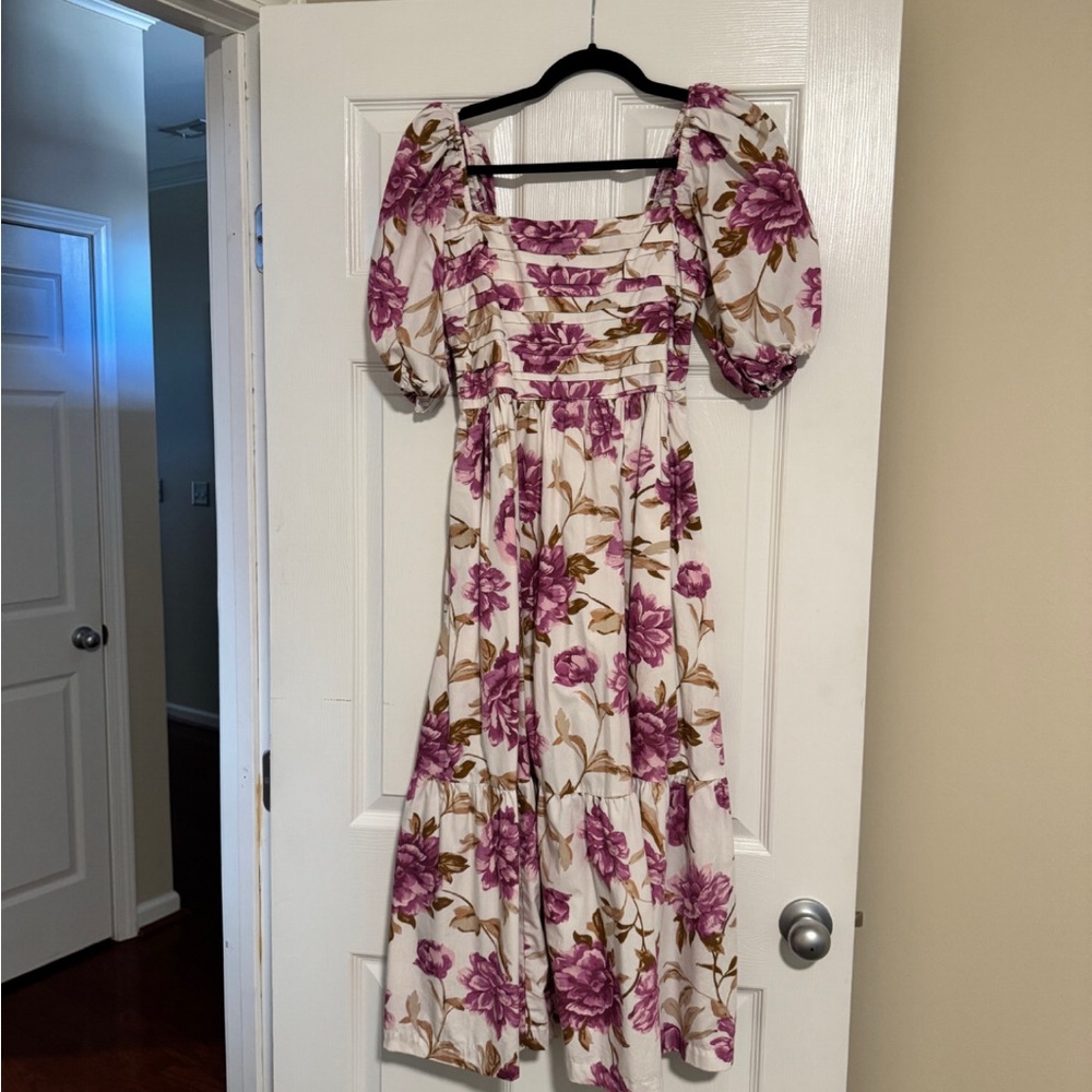 Poplin Midi Floral Puff Sleeve Dress